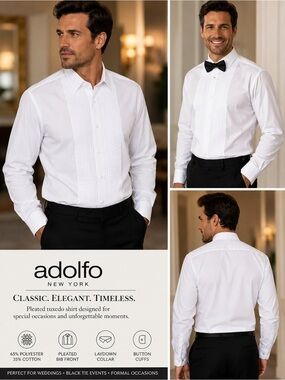 Adolfo White Pleated Tuxedo Dress Shirt Men’s XXL 18-18.5 Formal Button Front